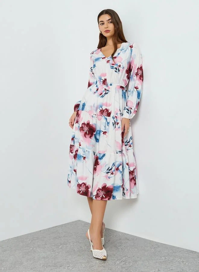 ستايلي فستان ميدي بأكمام منفوخة وطبعة زهور للنساء